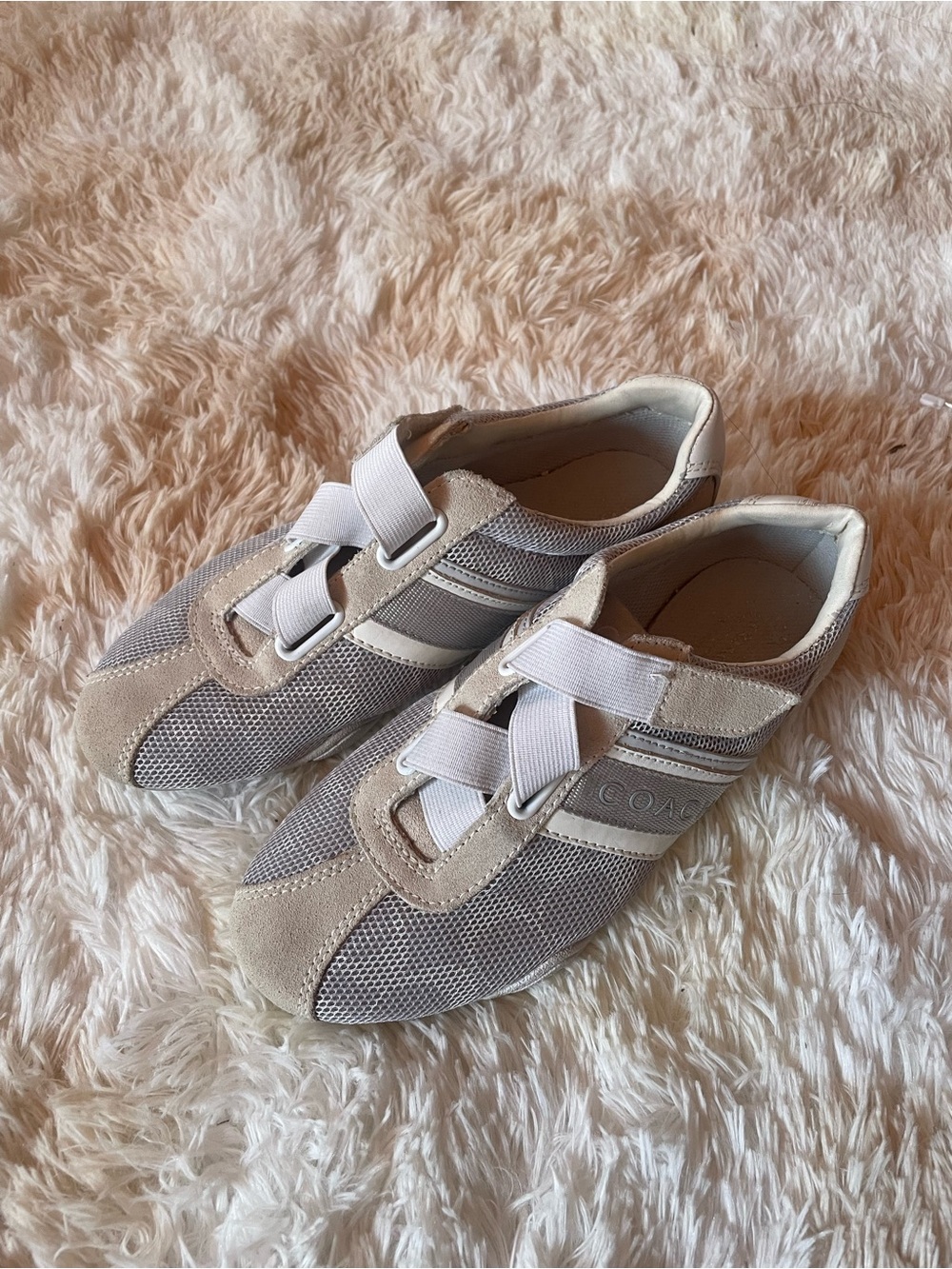 Coach “Jenney” Neutral Mesh & Suede Slip-On Sneakers in Beige and White sz6